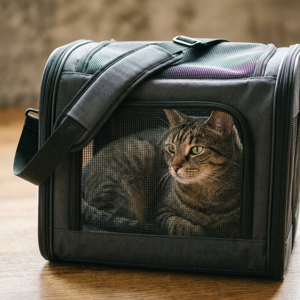 A relaxed cat lying inside a structured soft-sided carrier with reinforced mesh panels and a padded shoulder strap