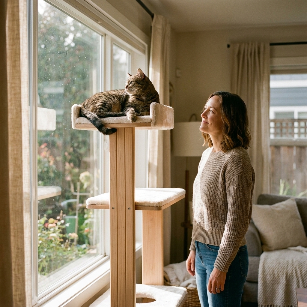 A relaxed cat perched on the top platform of a tall cat tree near a sunlit window, watching outside calmly