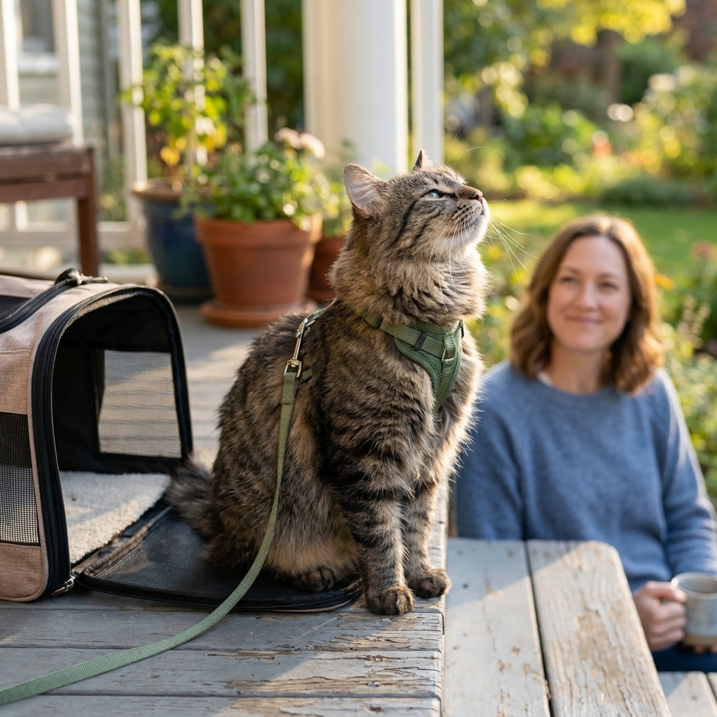 A relaxed cat wearing a harness sitting on a small porch beside an open carrier, sniffing the air while the leash remains slack
