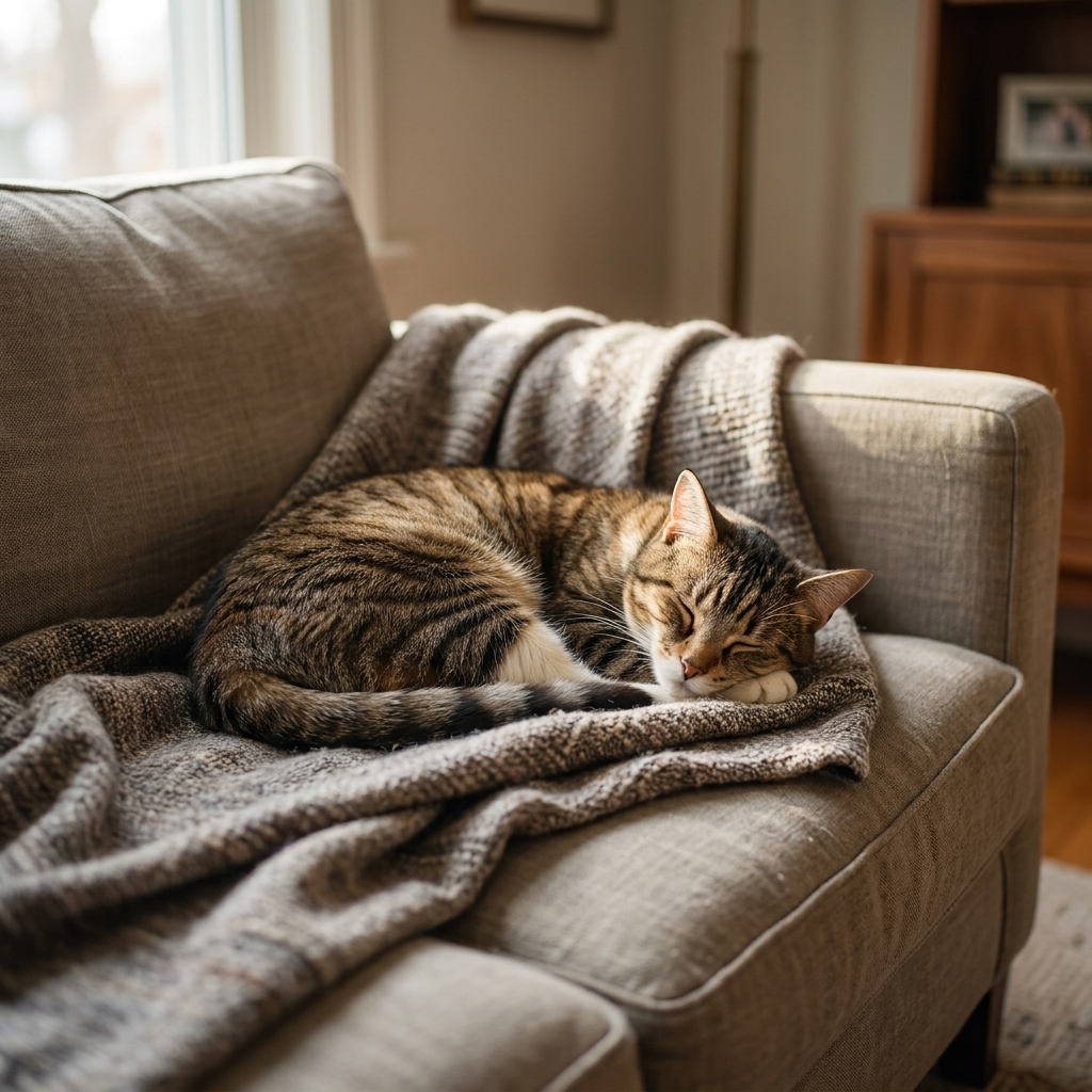 A relaxed short-haired cat curled up on a washable throw blanket placed over a living room sofa