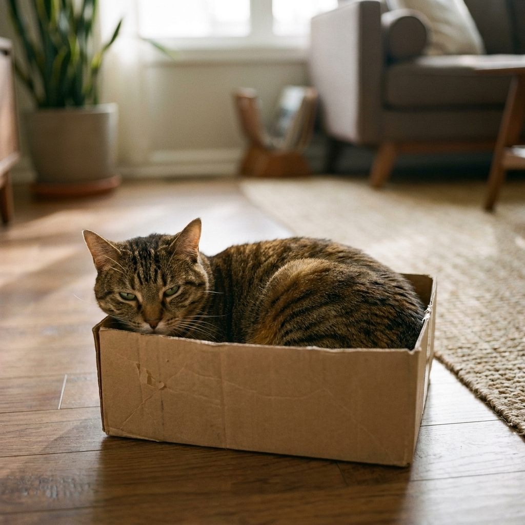 A relaxed tabby cat sitting in a simple cardboard box on a living room floor, ears neutral and eyes half closed
