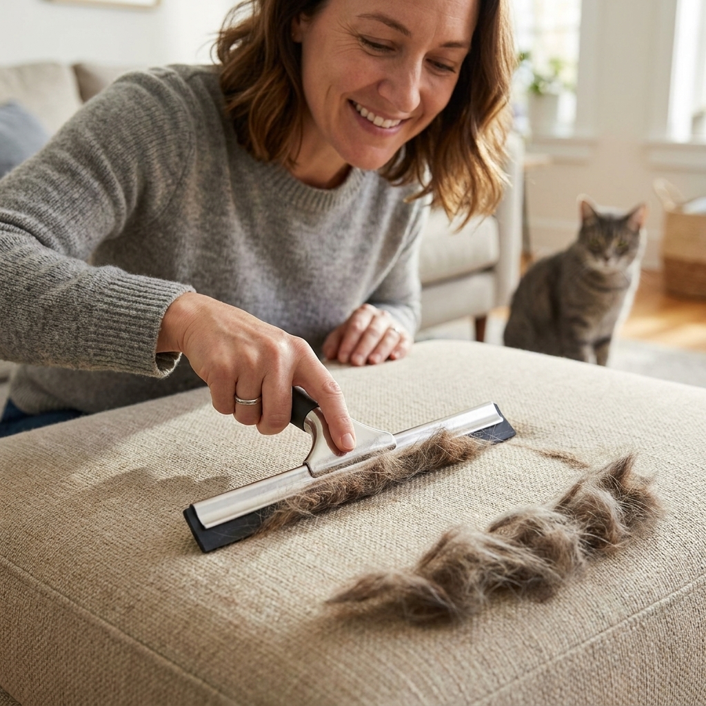 A rubber squeegee being dragged across a beige couch cushion, pulling cat hair into a clump along the edge