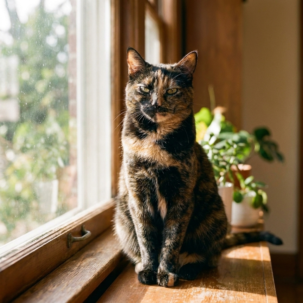 A sassy tortoiseshell cat sitting upright on a windowsill in bright natural light, looking alert and slightly unimpressed