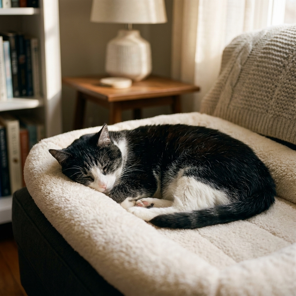 A senior black-and-white cat curled up on a plush heated pet bed in a quiet corner of a living room