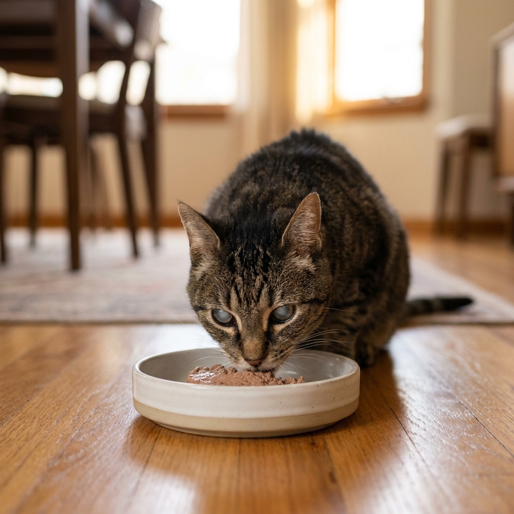 A senior cat with cloudy eyes leaning forward to eat a soft pate-style wet food from a wide, low bowl on a quiet dining room floor