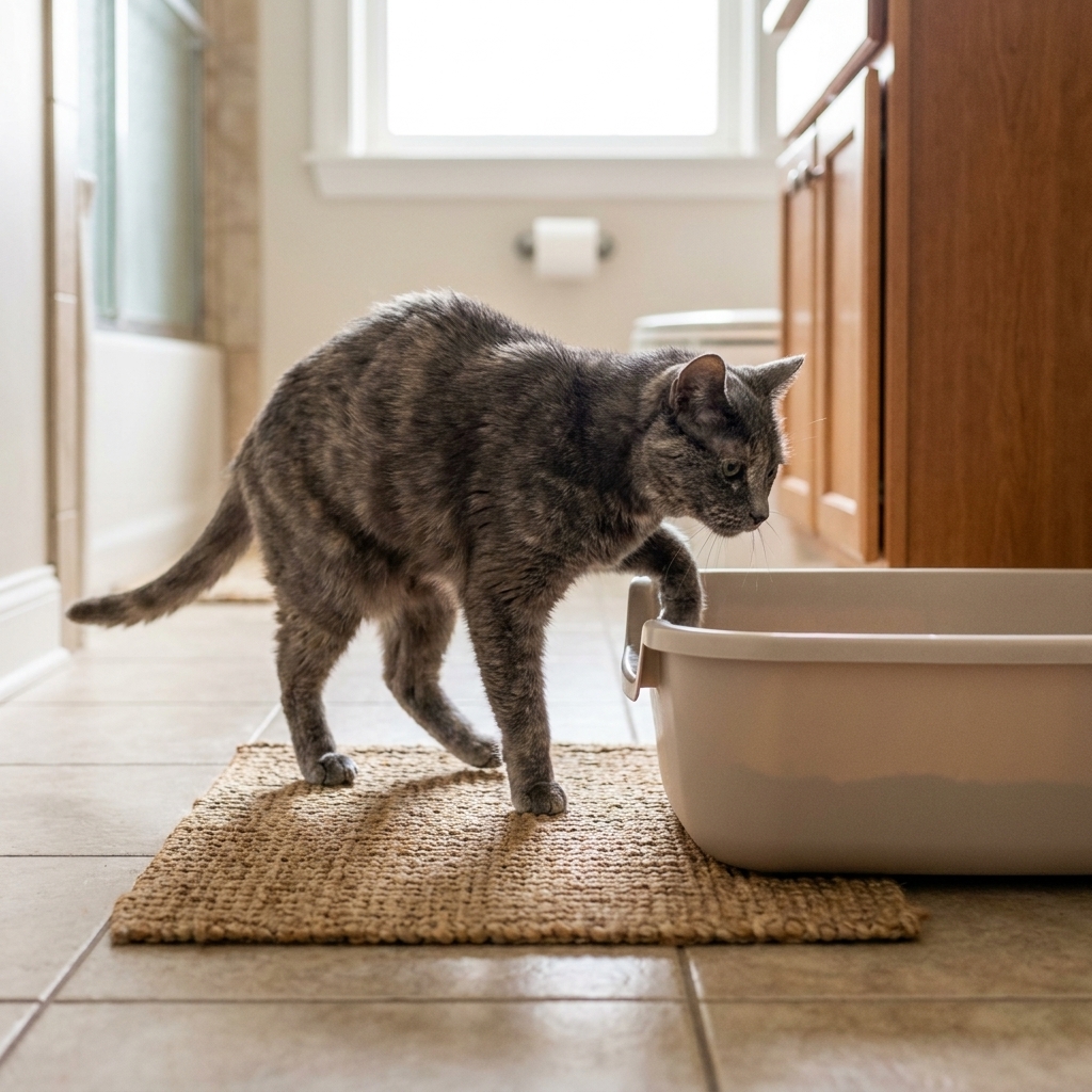 A senior gray cat stepping into a low-entry litter box on a bathroom floor, with a small mat in front of the box