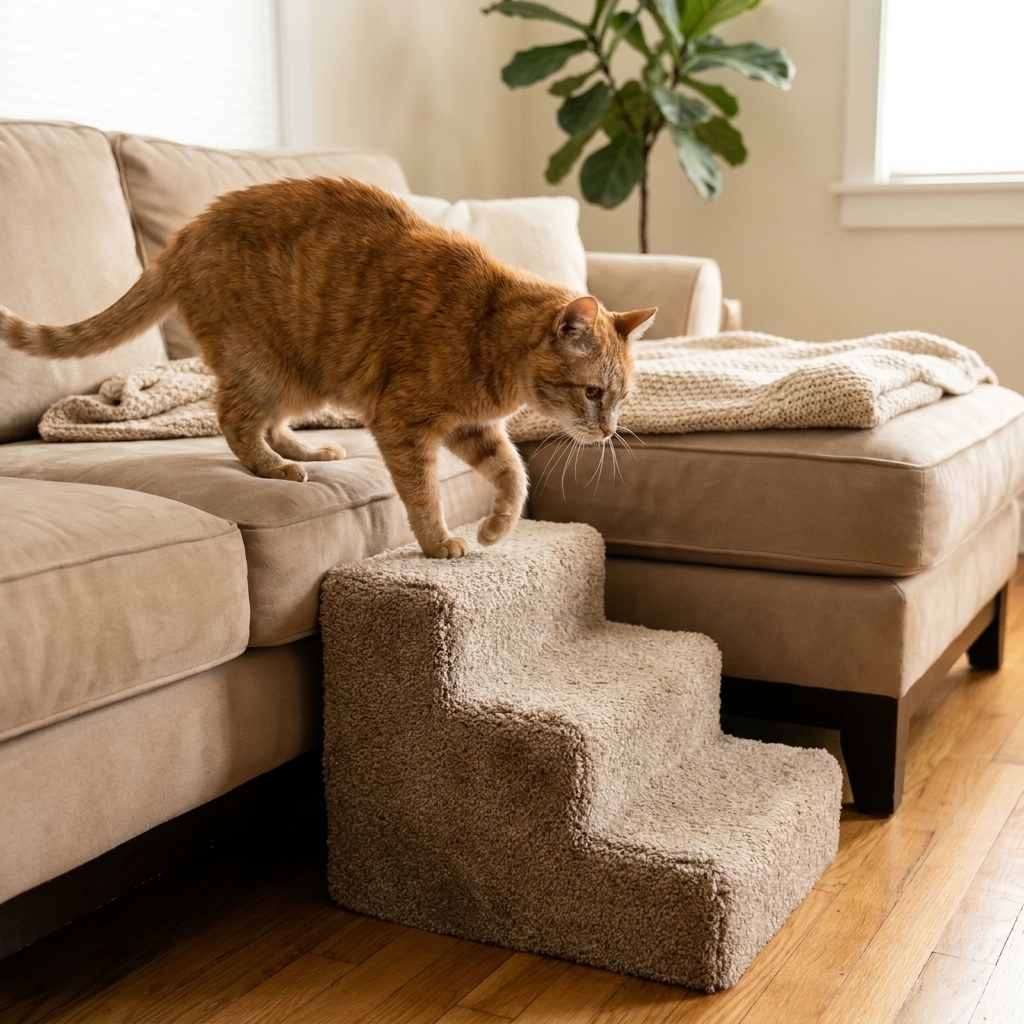 A senior orange tabby carefully walking up small pet stairs to reach a couch in a living room