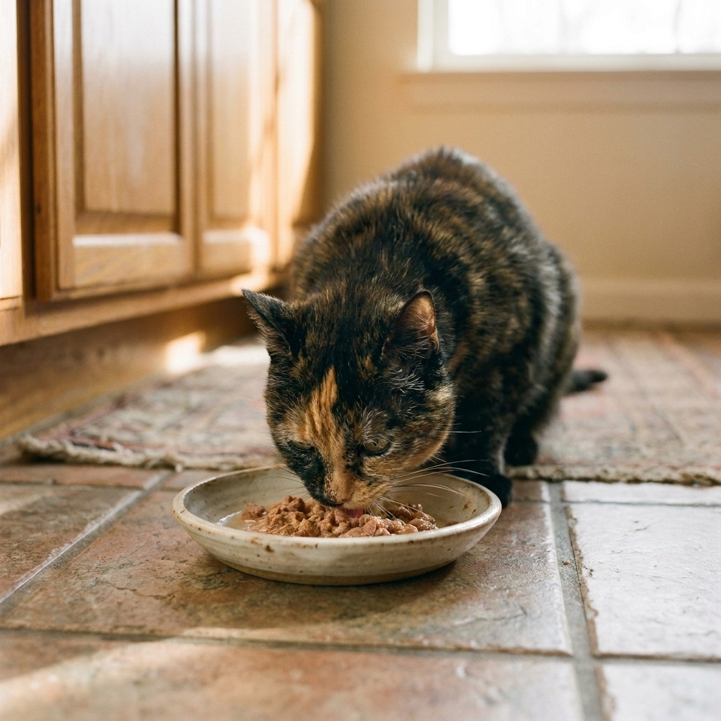 A senior tortoiseshell cat eating wet food from a shallow ceramic bowl on a kitchen floor