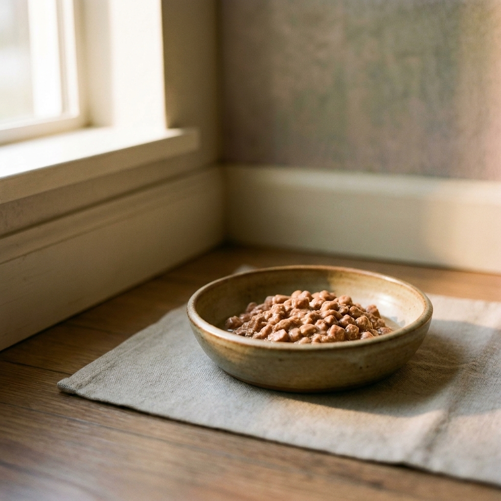 A shallow ceramic cat bowl filled with wet food placed on a feeding mat in a quiet corner of a home.