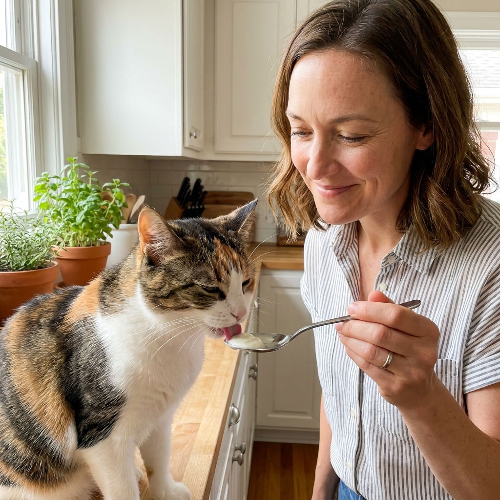 A short-haired cat cautiously licking a tiny dab of plain yogurt from a metal spoon held by a person in a bright kitchen
