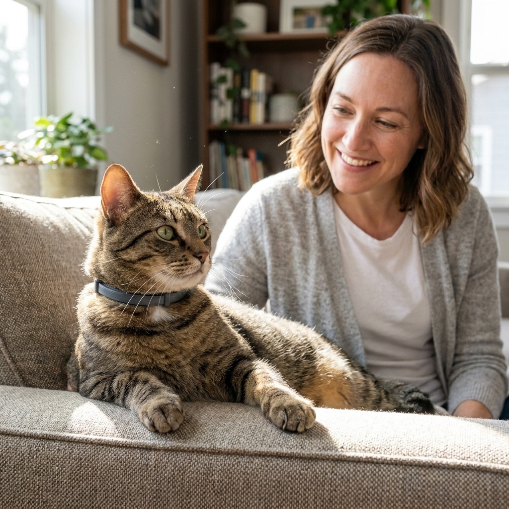A short-haired cat wearing a fitted flea collar while lounging on a living room sofa, the collar sitting snugly with two-finger spacing