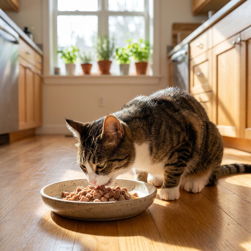 A short-haired domestic cat eating chunky wet food from a shallow ceramic bowl in a bright kitchen