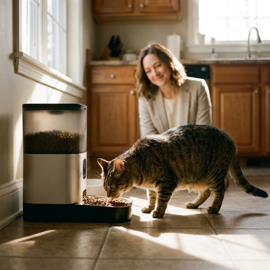 A short-haired house cat eating kibble from a timed automatic feeder on a kitchen floor while sunlight falls through a nearby window