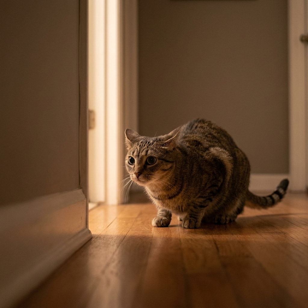 A shorthaired cat crouched low with ears angled back and pupils large, watching something off camera in a hallway