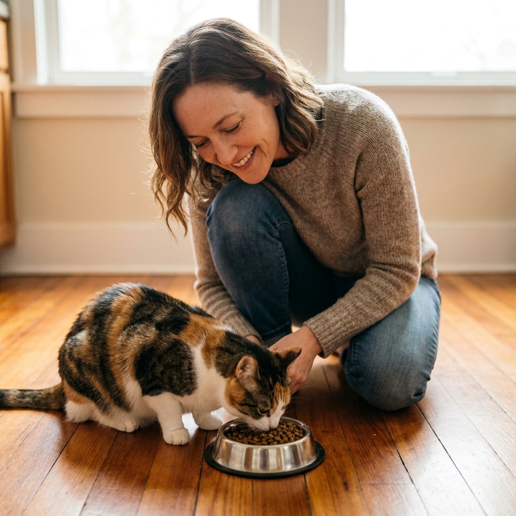 A shorthaired cat eating dry kibble from a stainless steel bowl on a hardwood floor