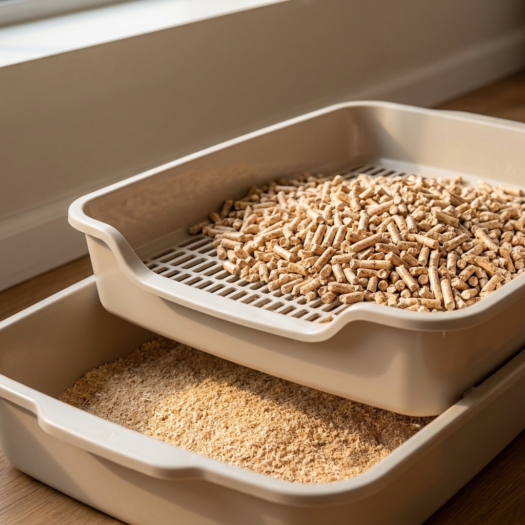 A sifting-style litter box filled with pine pellets, with sawdust collected in the bottom tray