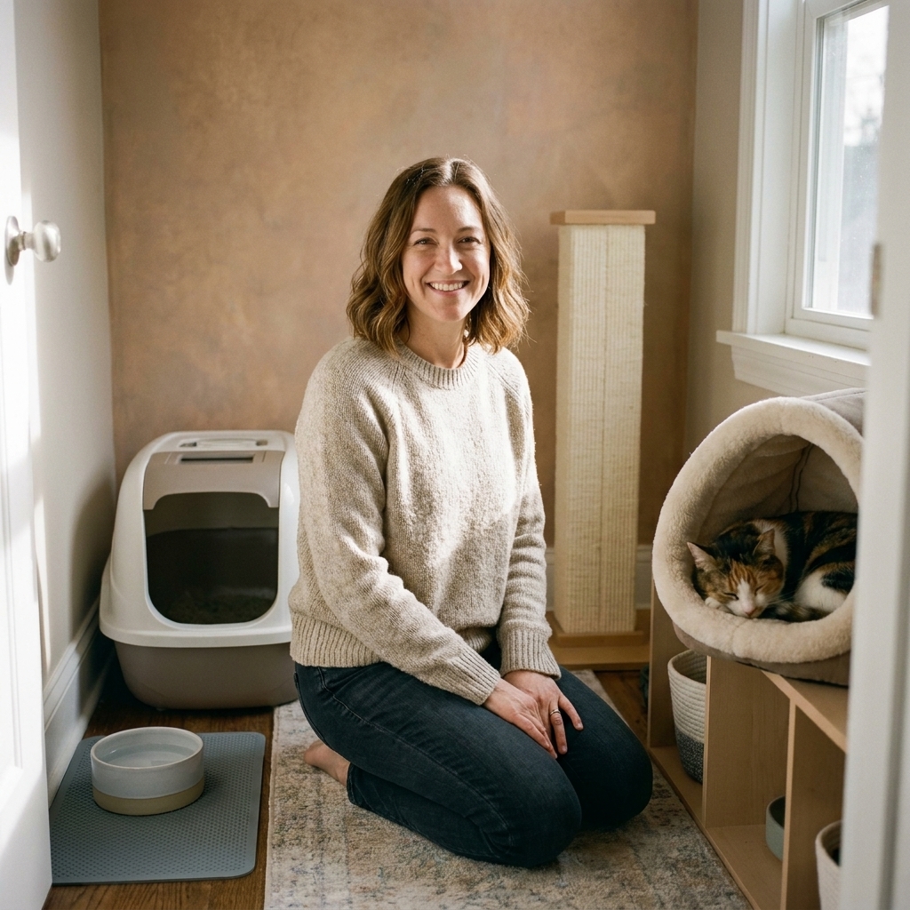 A small bedroom set up as a cat basecamp with a litter box, water bowl, scratching post, and a cozy covered bed