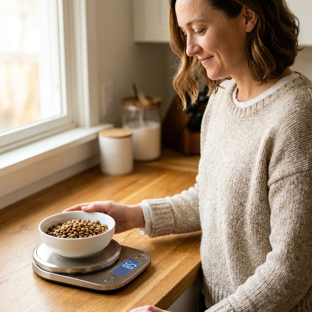 A small digital kitchen scale on a countertop with a bowl of dry cat food being weighed