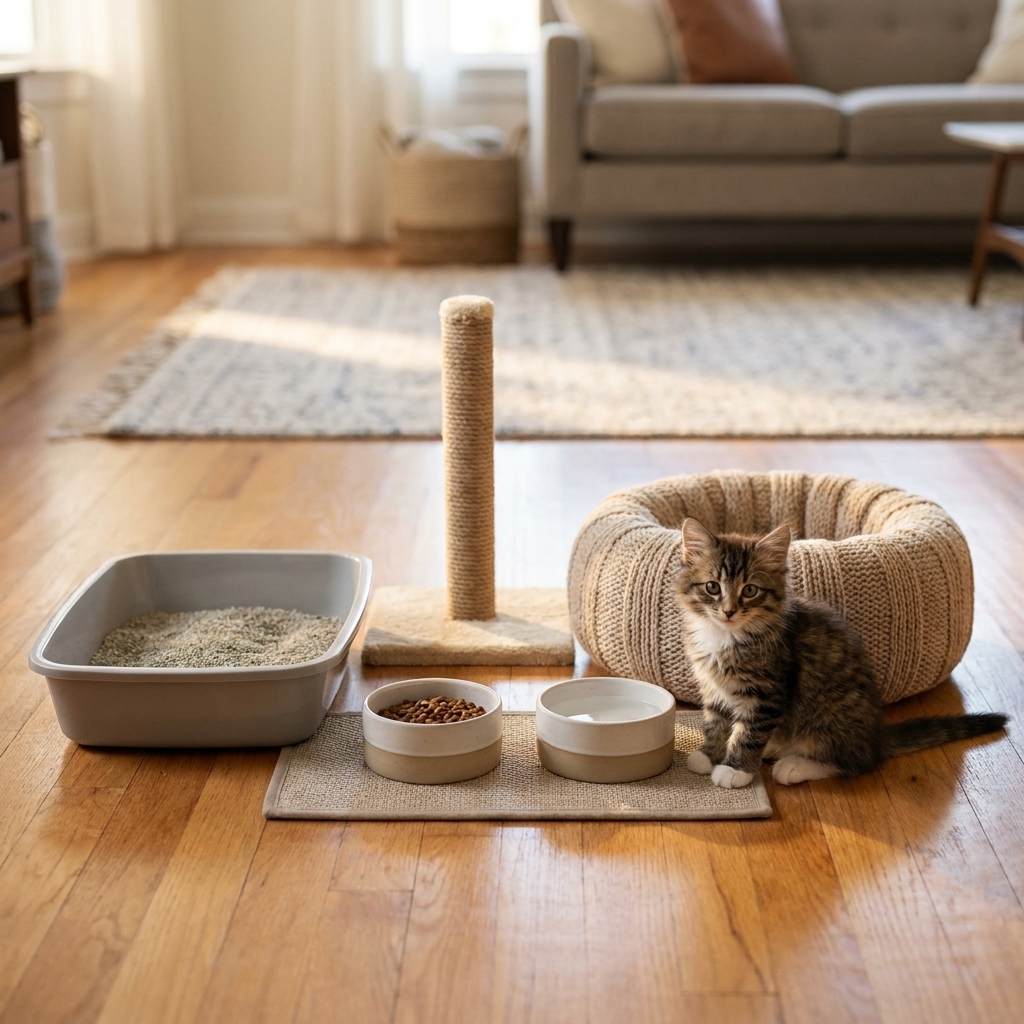A small kitten sitting beside a neatly arranged set of essentials on a living room floor, including a shallow litter box, scratching post, food and water bowls, and a cozy bed