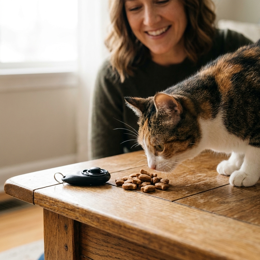 A small pile of bite-sized cat treats next to a clicker on a wooden coffee table, with a curious cat sniffing nearby