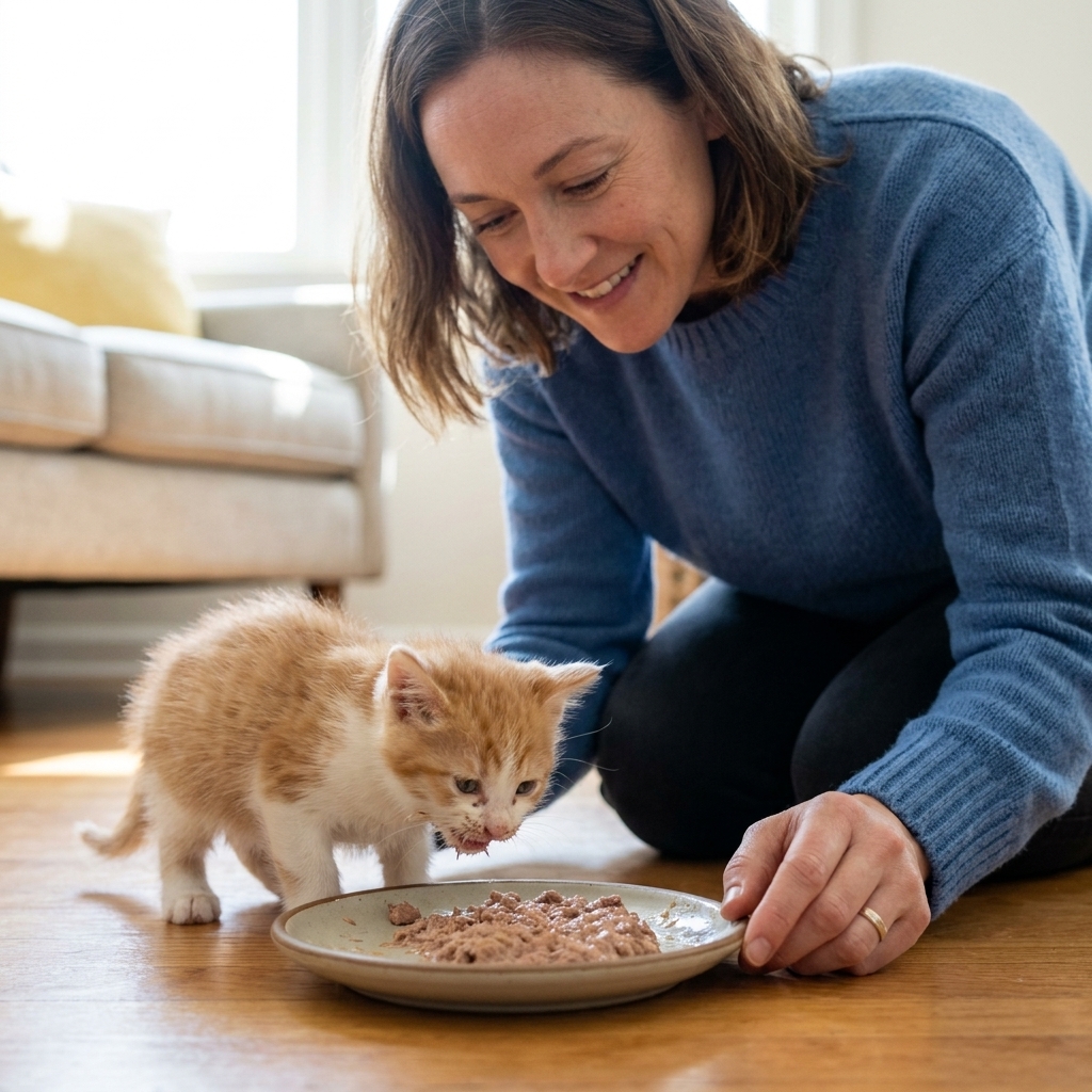A small weaning-age kitten standing at a shallow plate with softened wet food, a caregiver's hand nearby