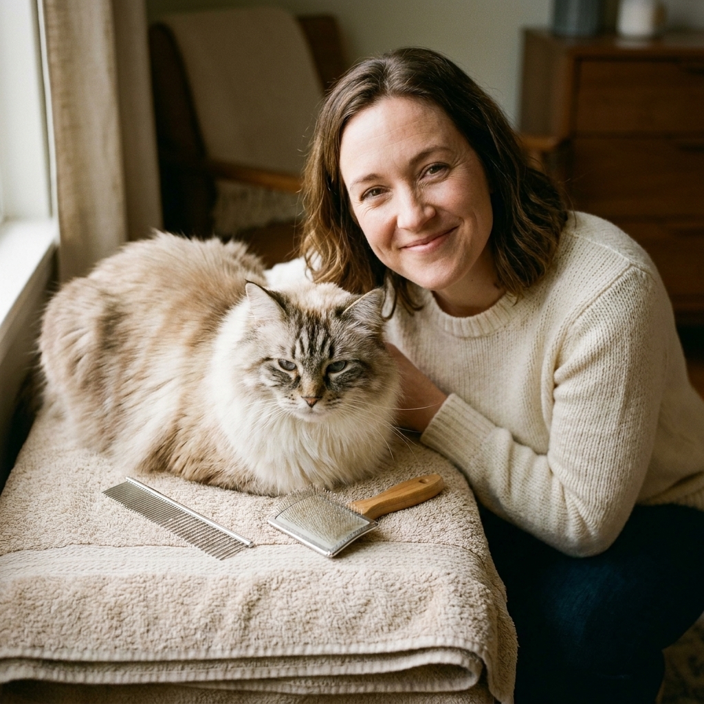A stainless steel greyhound comb and a soft slicker brush resting on a towel next to a fluffy longhaired cat