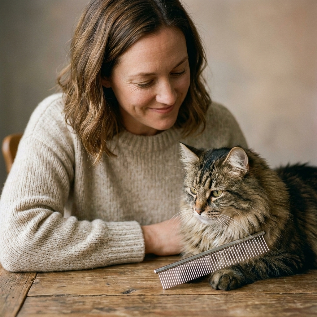 A stainless steel pet comb with medium and fine teeth resting beside a long-haired cat on a wooden table