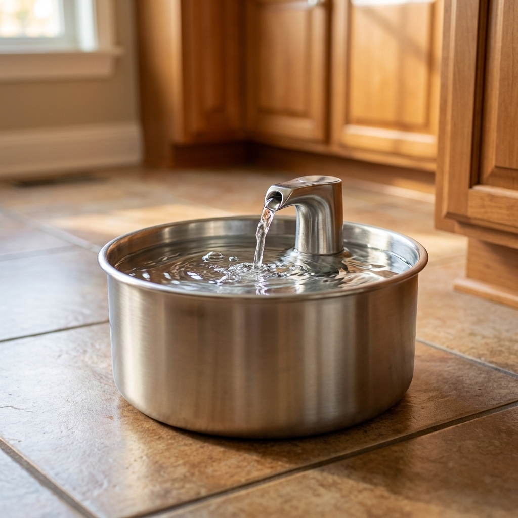 A stainless steel pet water fountain on a kitchen floor, filled with clear water and a gentle bubbling surface