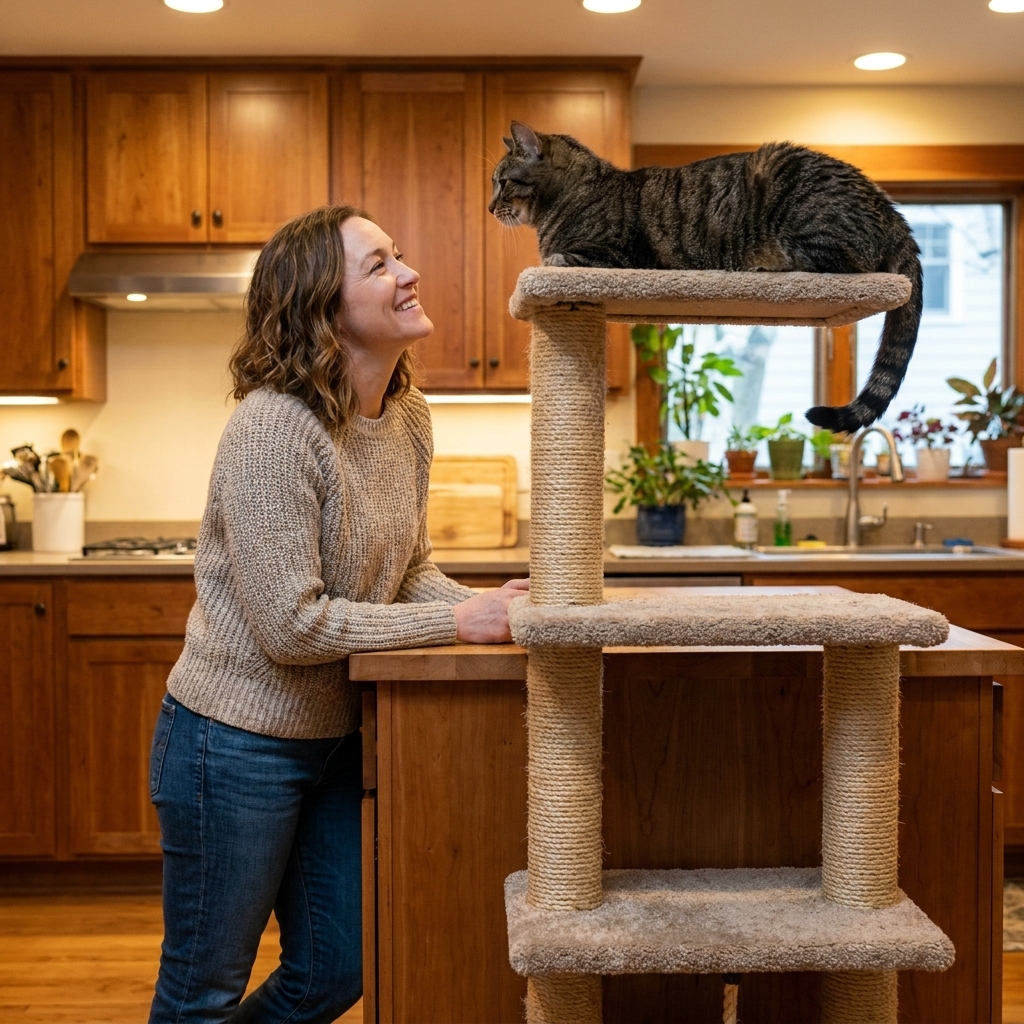 A sturdy cat tree positioned a few feet from a kitchen counter, with a cat lounging on the top platform watching the room