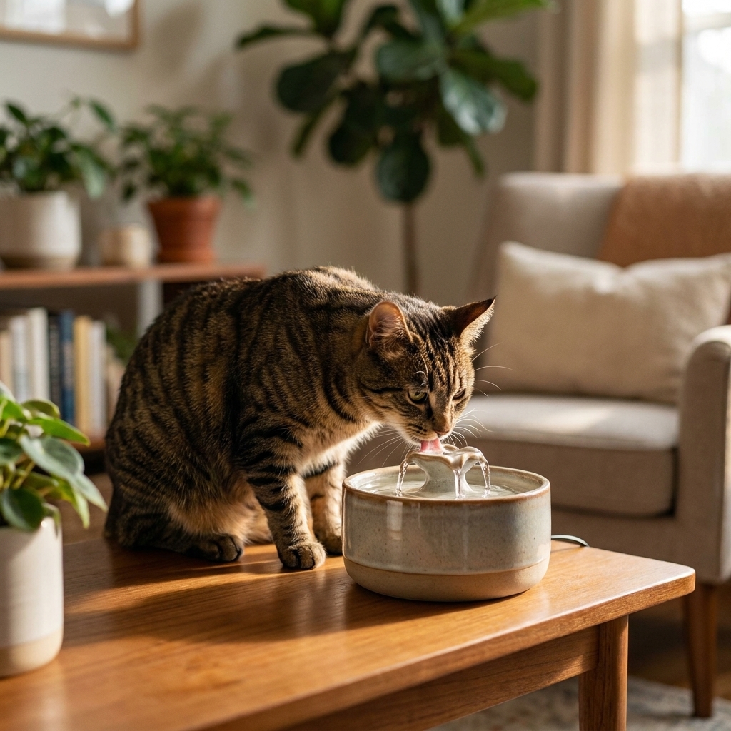 A tabby cat drinking water from a small tabletop pet fountain in a living room