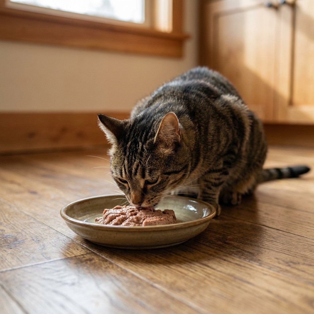 A tabby cat eating pate-style wet food from a shallow ceramic bowl on a kitchen floor