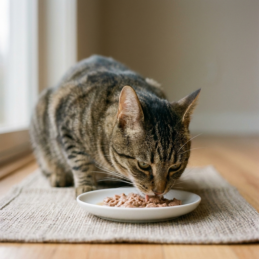 A tabby cat eating soft wet food from a shallow white dish on a mat in a quiet room.