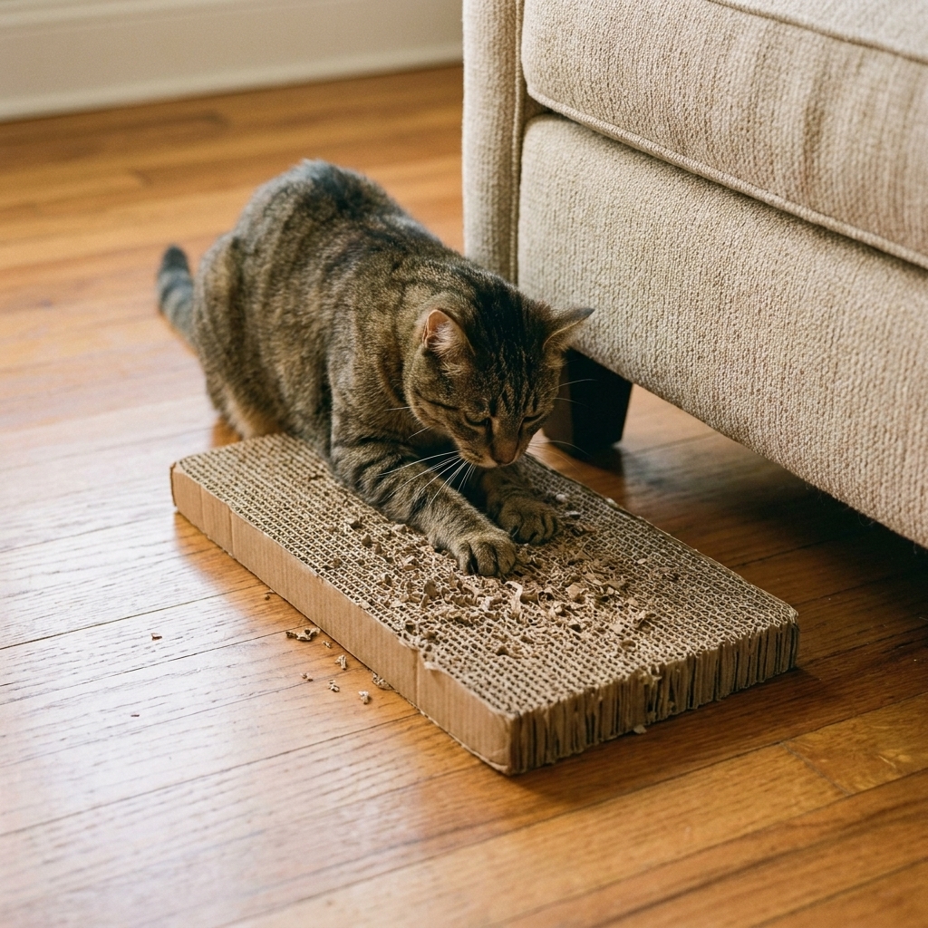A tabby cat scratching a flat corrugated cardboard scratcher on a hardwood floor beside a sofa.