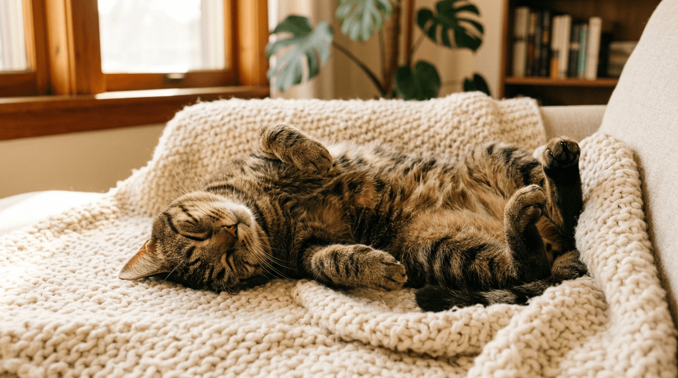 A tabby cat sleeping on their side on a bed with the ribcage visible, showing gentle breathing movement