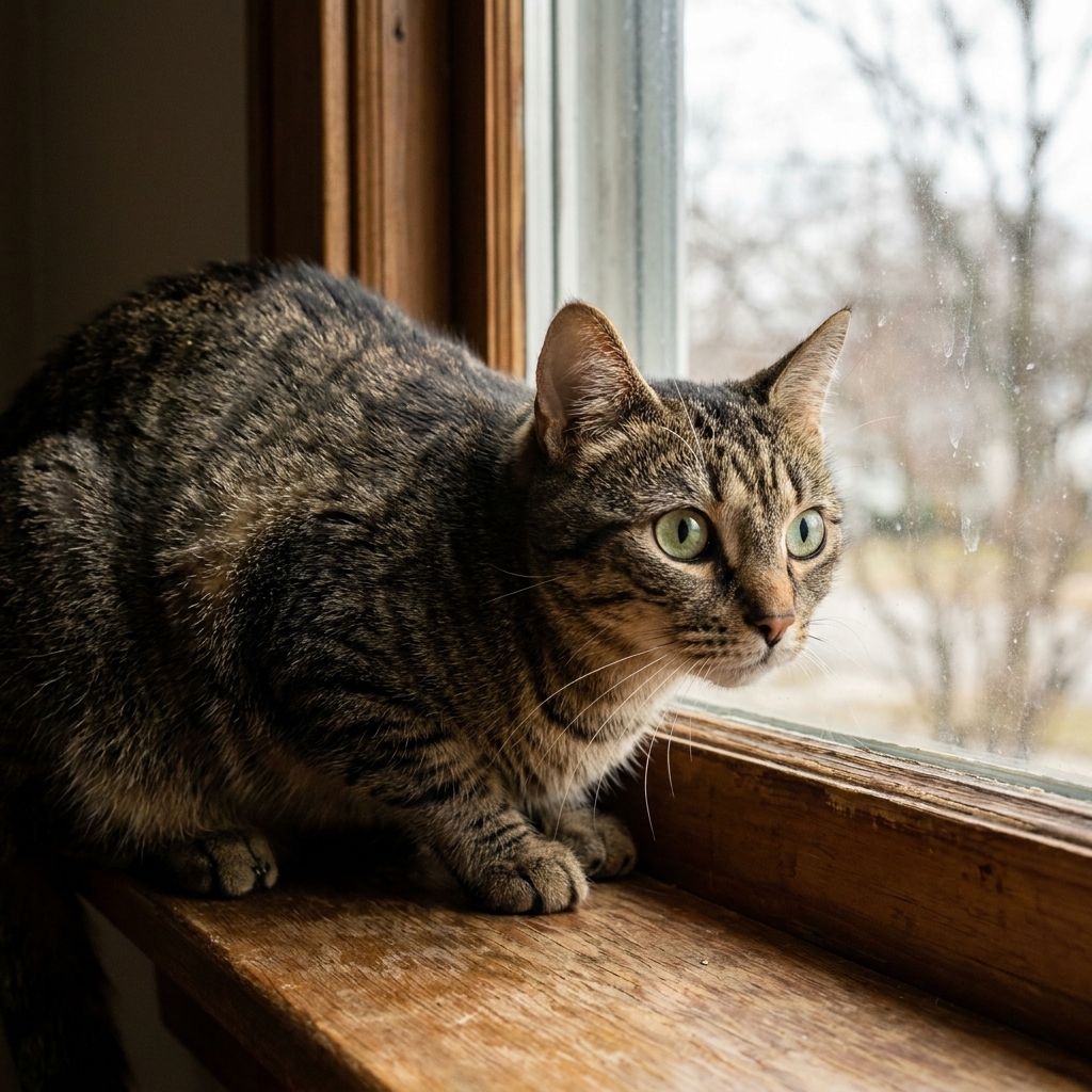 A tense cat crouched on a windowsill staring outside with wide eyes and a rigid posture