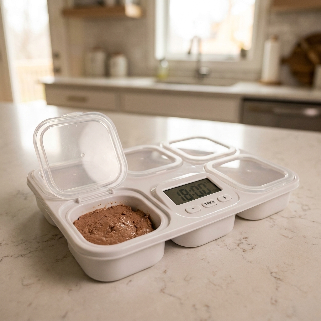 A timed tray-style feeder with multiple compartments, one open compartment showing wet cat food on a kitchen counter