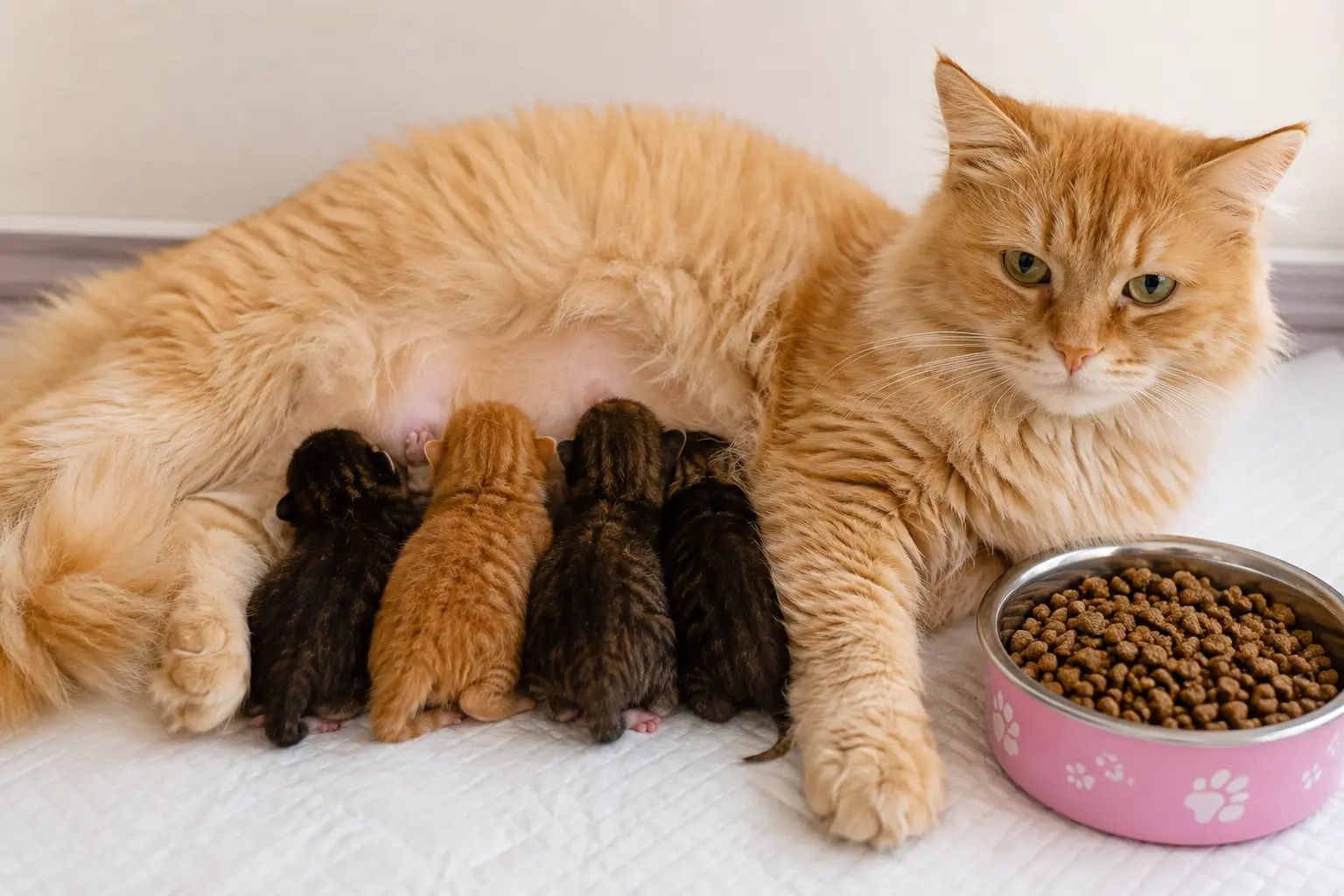 A tired mother cat curled beside her kittens in a clean nesting box with a food bowl set just outside the bedding