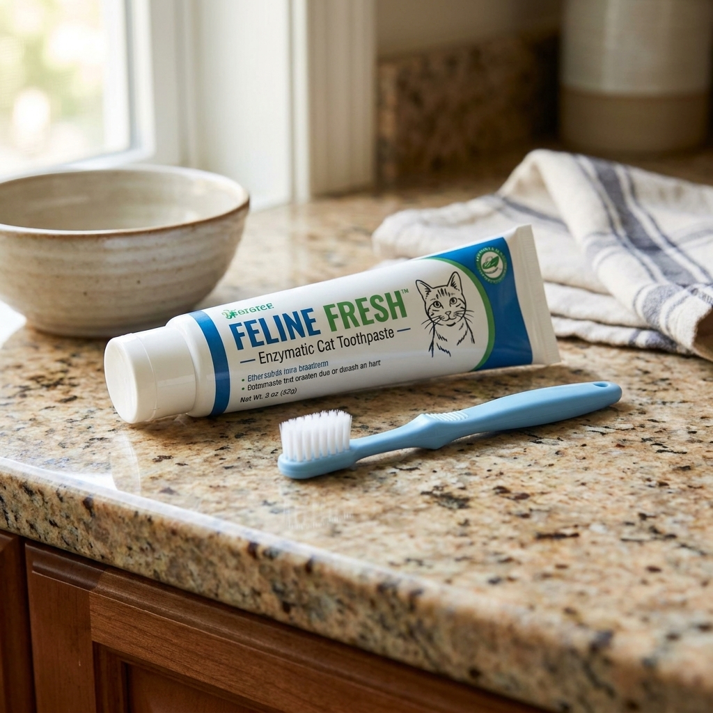 A tube of cat-safe enzymatic toothpaste next to a small soft-bristled cat toothbrush on a kitchen counter