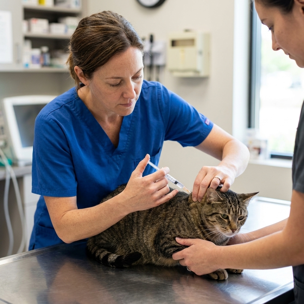 A veterinarian administering a vaccine injection to a calm cat while an assistant gently steadies the cat on an exam table