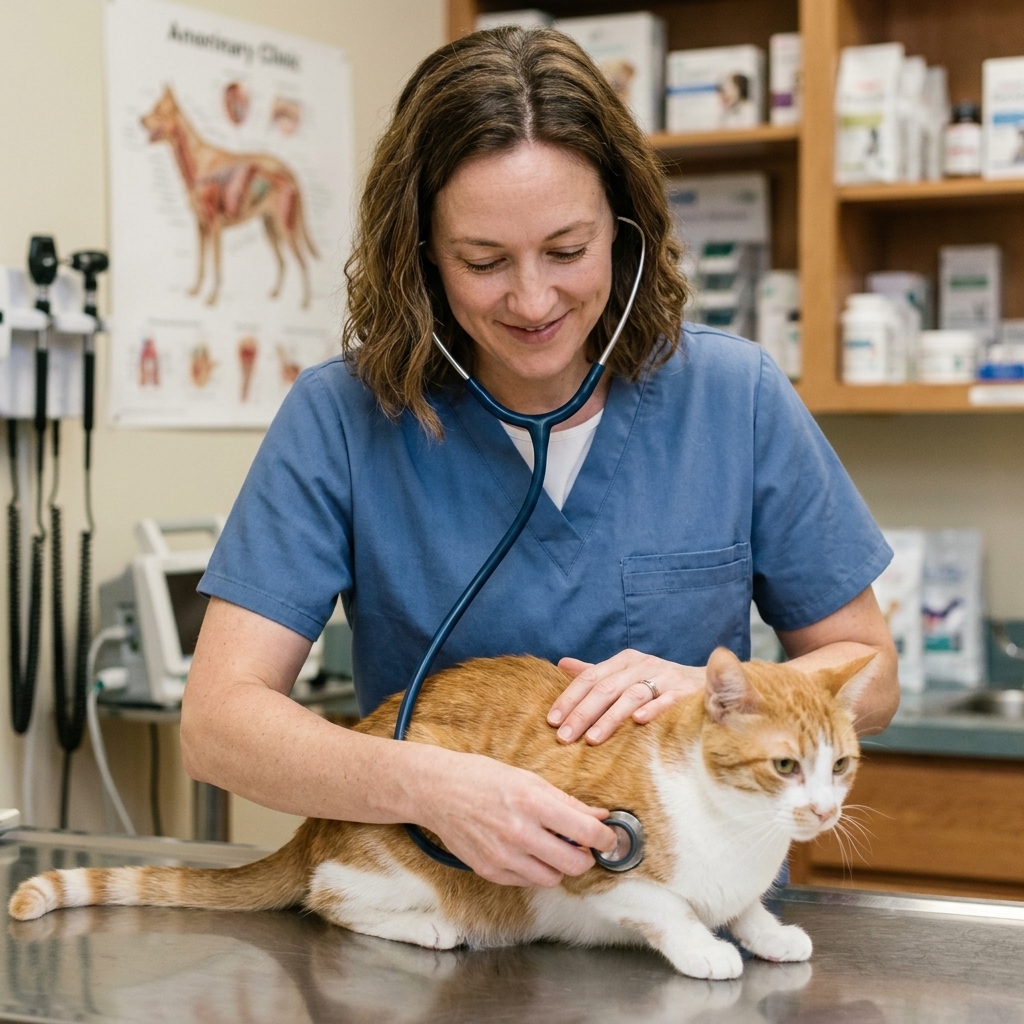 A veterinarian gently examining a calm adult cat on an exam table in a veterinary clinic