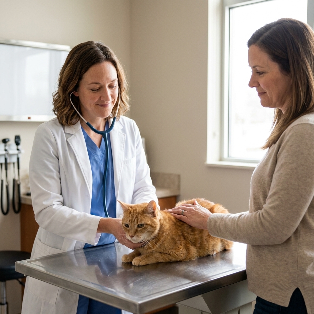 A veterinarian gently examining an older cat on an exam table while a pet parent rests a hand on the cat's back in a calm clinic room