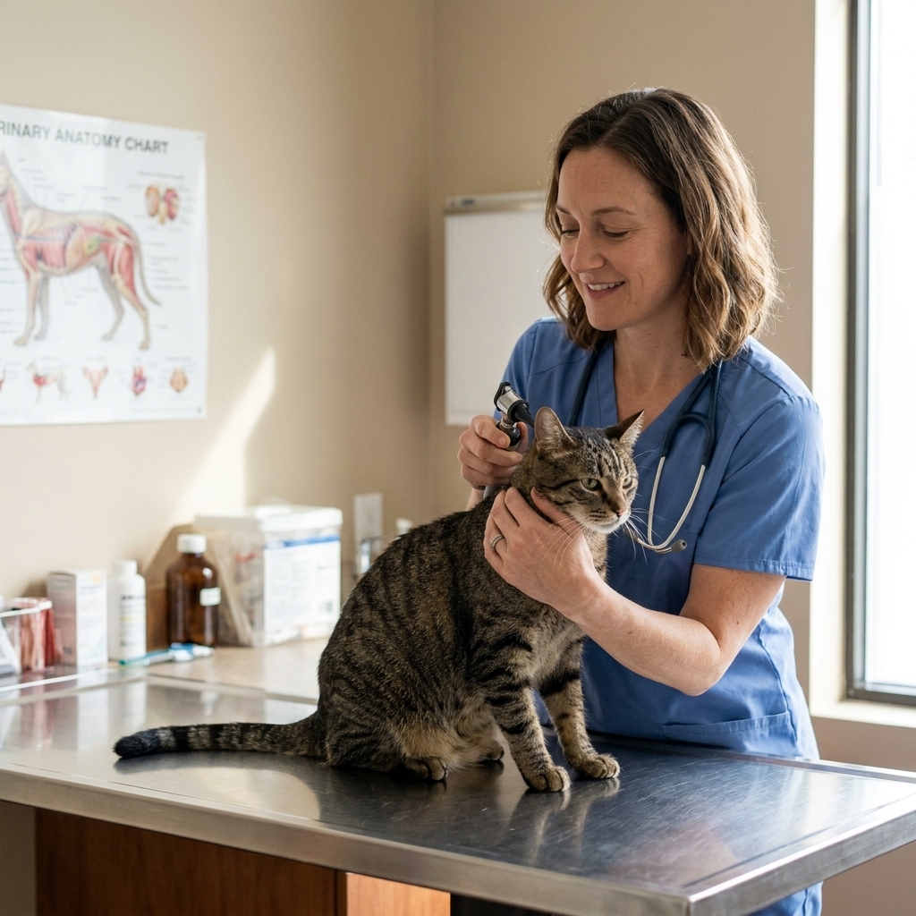 A veterinarian gently holding a cat while inspecting its ear with an otoscope in a clinic exam room