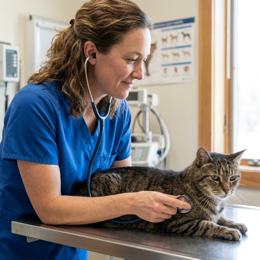 A veterinarian gently listening to a senior cat’s chest with a stethoscope on an exam table
