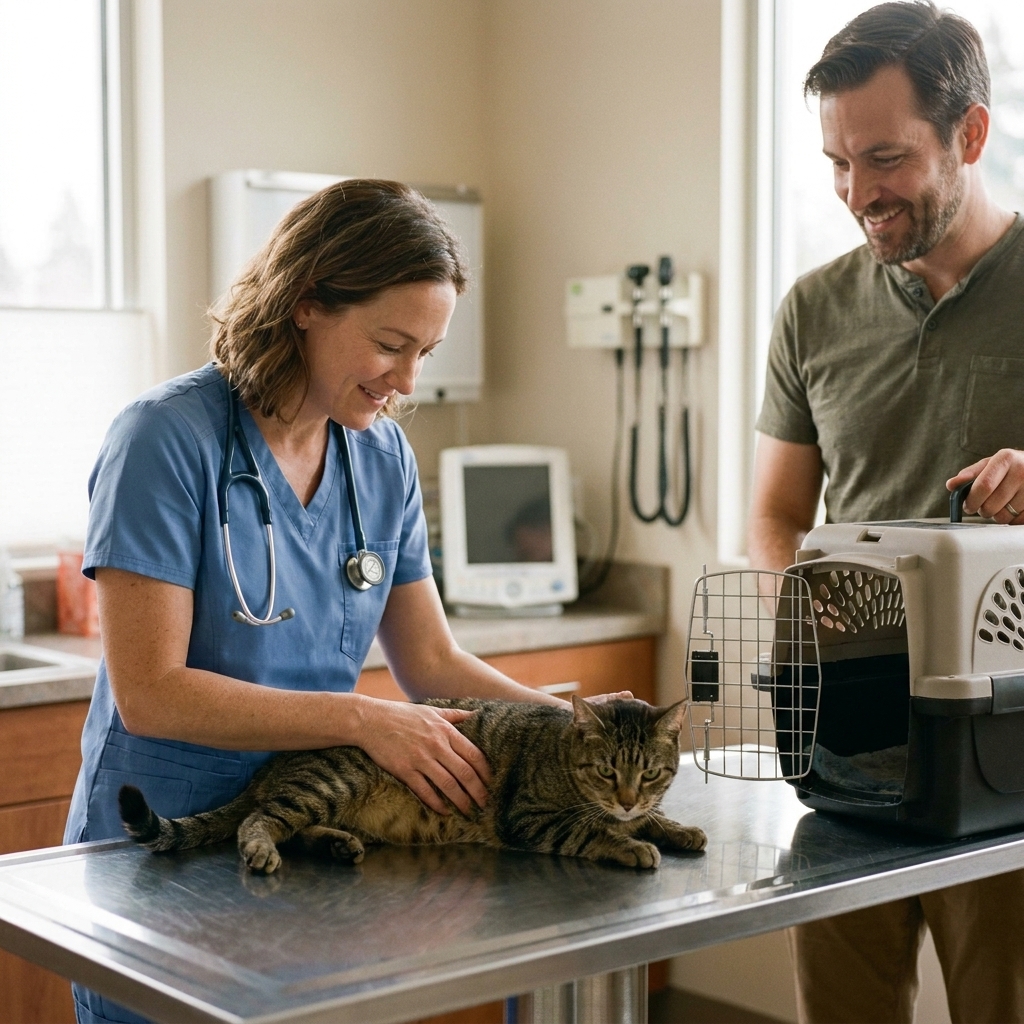 A veterinarian in a clinic gently examining a calm adult cat on an exam table while a pet parent watches