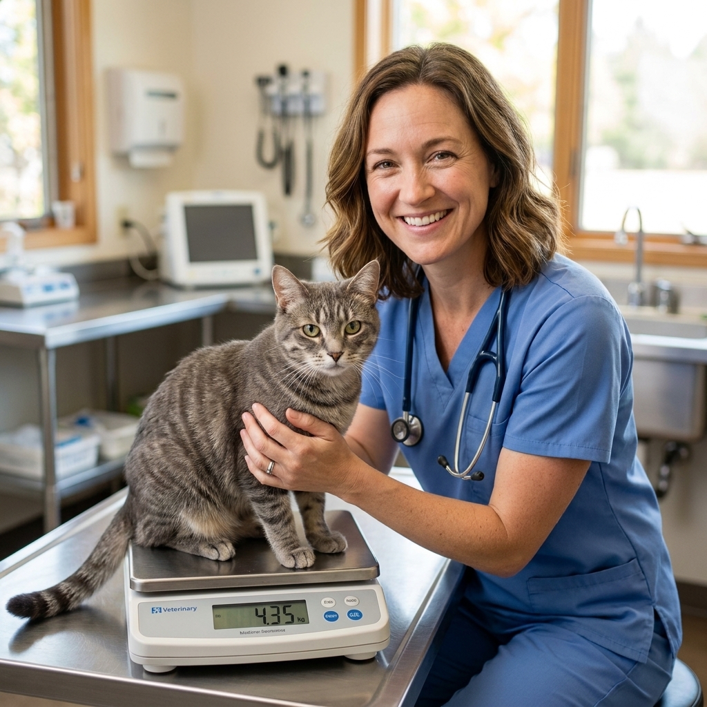 A veterinary technician gently holding a cat on a digital scale in a bright exam room