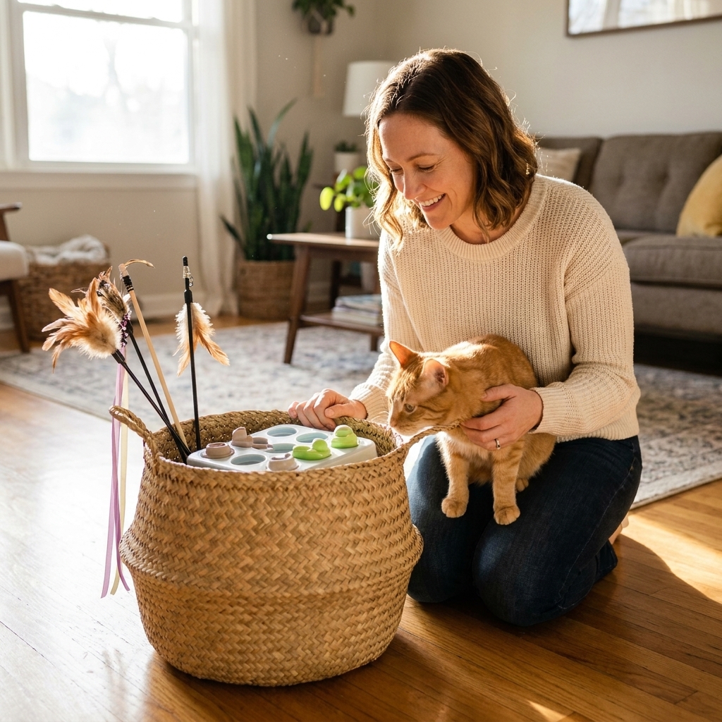 A woven basket on a living room floor holding a few cat wand toys and small puzzle feeders, with a curious orange tabby sniffing the edge