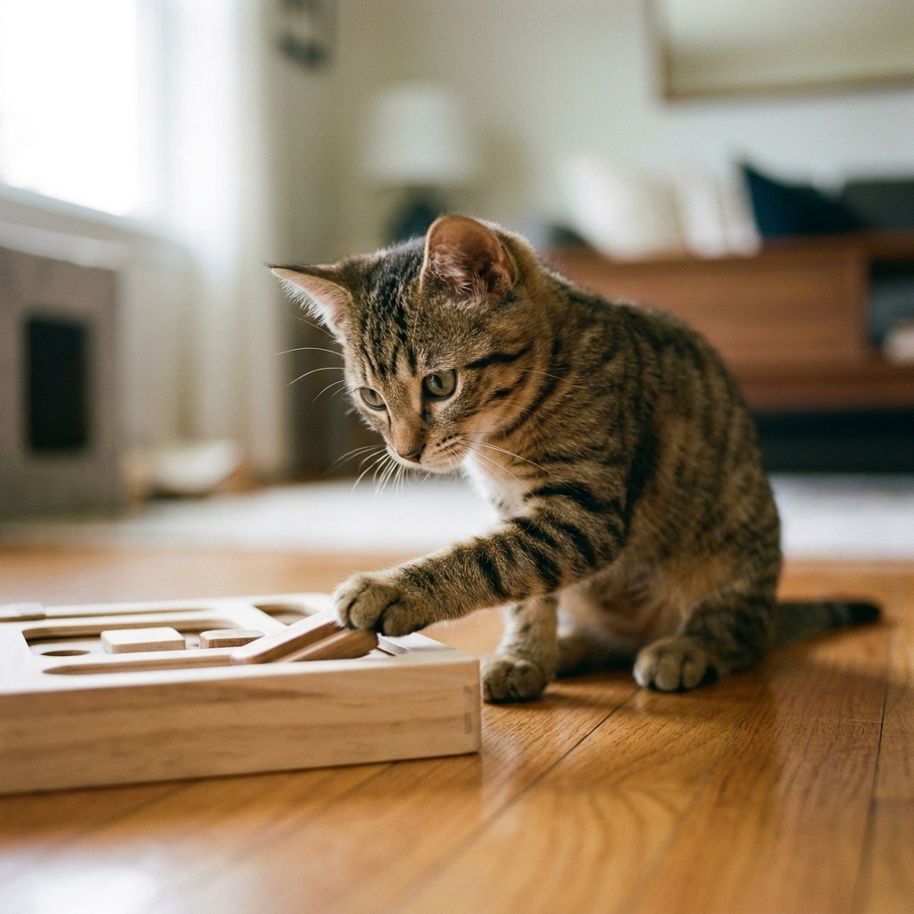 A young kitten batting at a simple puzzle feeder toy on a hardwood floor, focused and curious