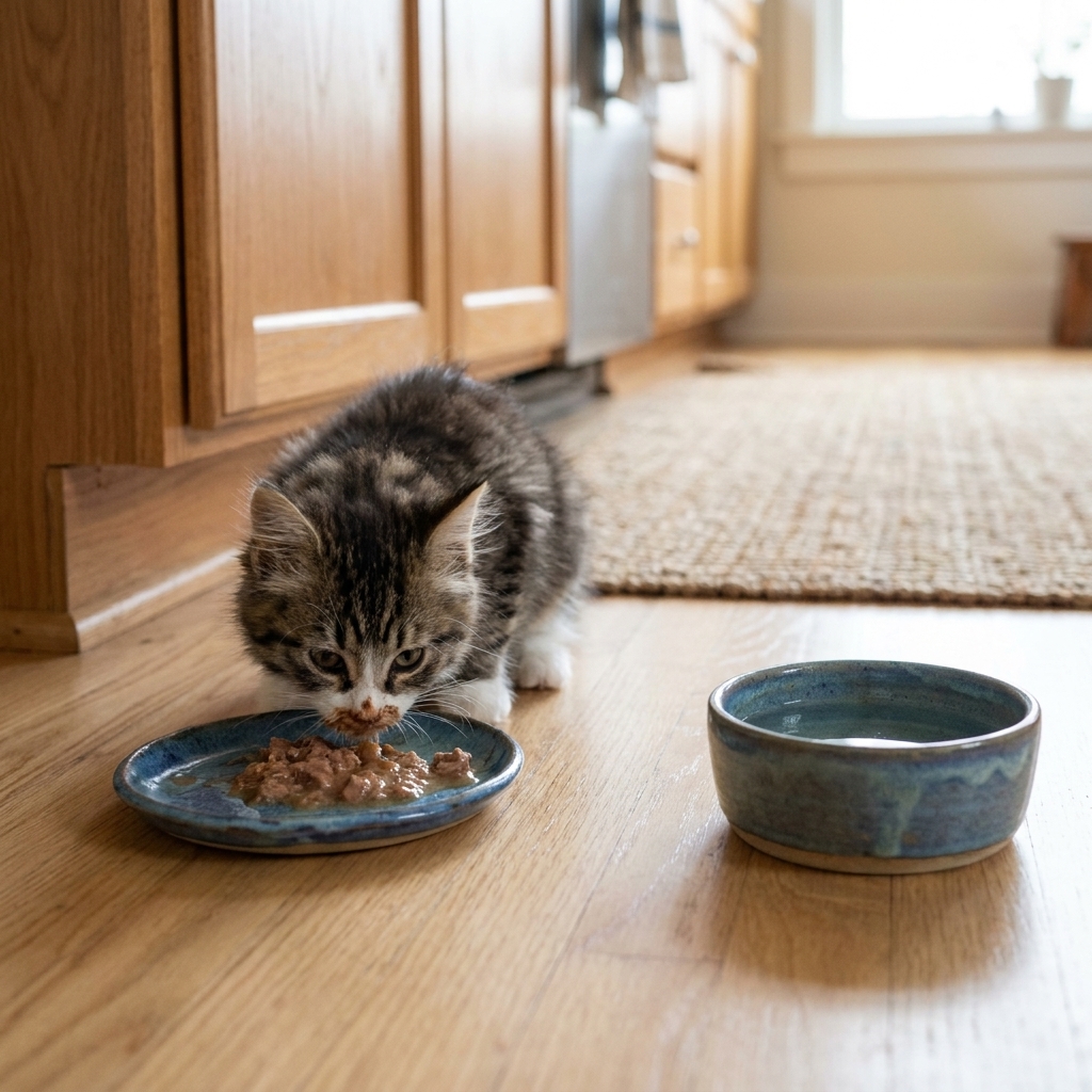 A young kitten eating wet food from a shallow ceramic dish on a kitchen floor while a water bowl sits a few feet away