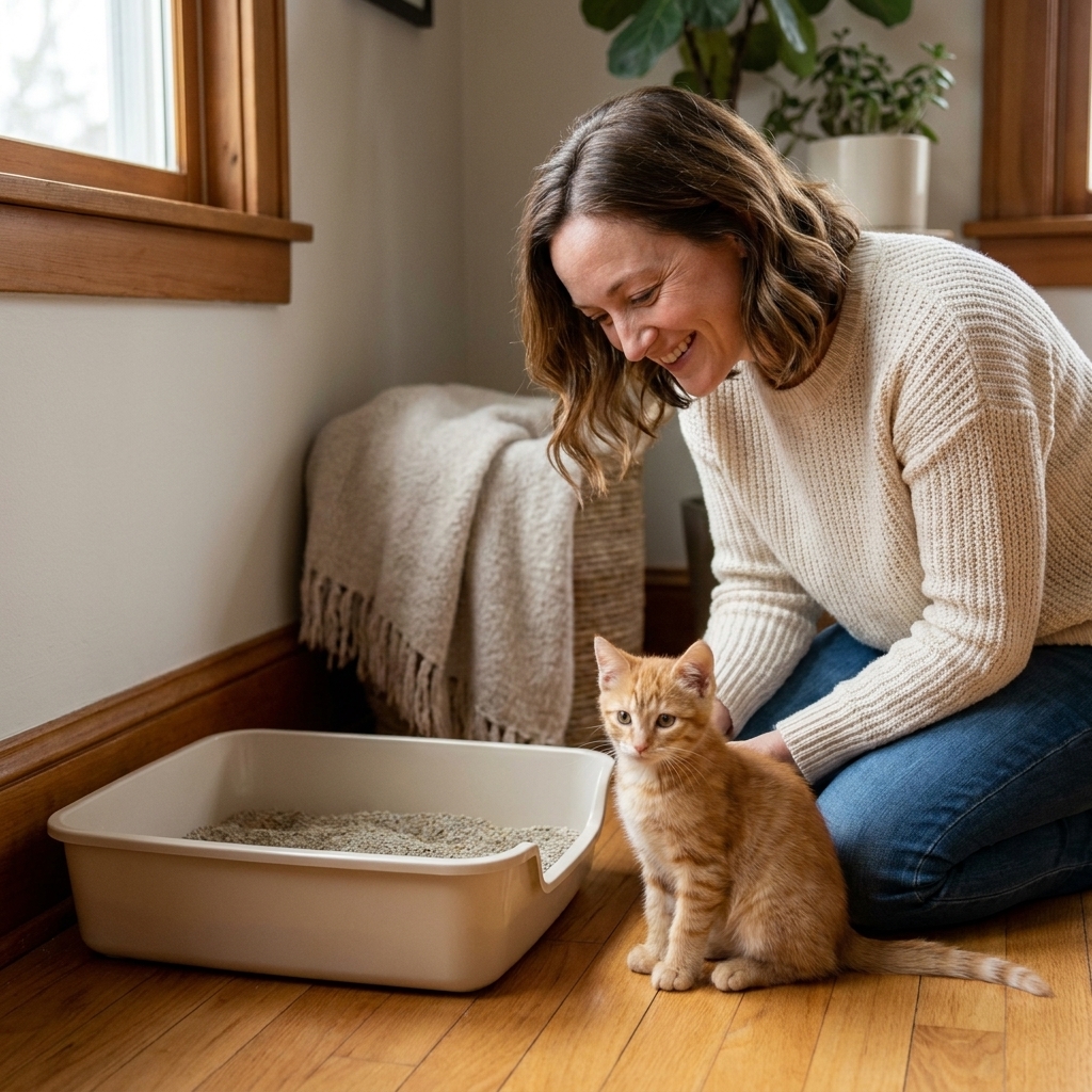 A young orange kitten sitting calmly beside a clean low-sided litter box in a quiet corner of a home, looking relaxed