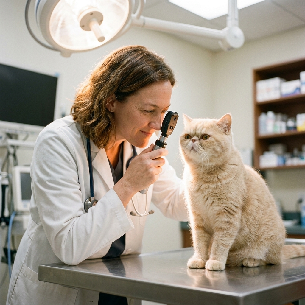 An Exotic Shorthair cat sitting on a veterinary exam table while a veterinarian gently checks its eyes under bright clinic lighting